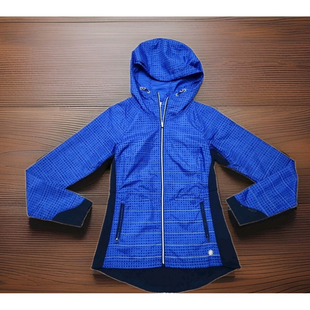 Athleta Reflective Accelerate Jacket Blue Dotted Zip Hooded Thumbholes Women XS